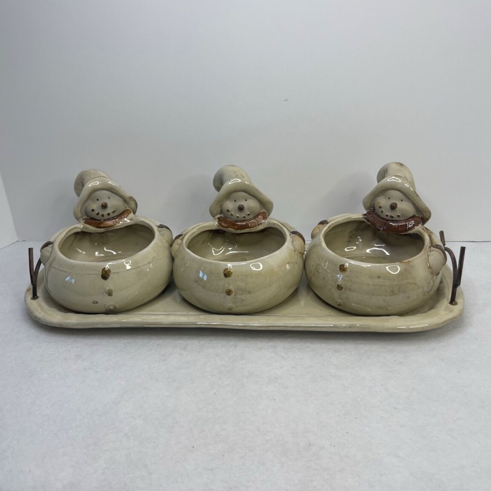 Kirkland's Home Woodland Collection Snowman Triple Server‎ 3 Salsa or Dip Bowls
